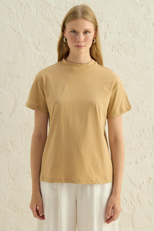 Kısa Kollu Basic T-Shirt Camel