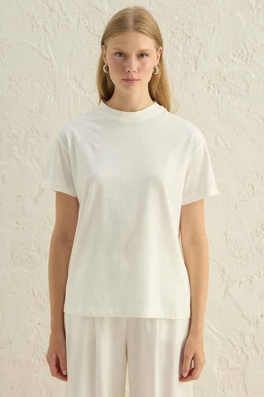 Kısa Kollu Basic T-Shirt Ekru