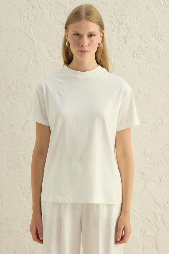 Kısa Kollu Basic T-Shirt Ekru