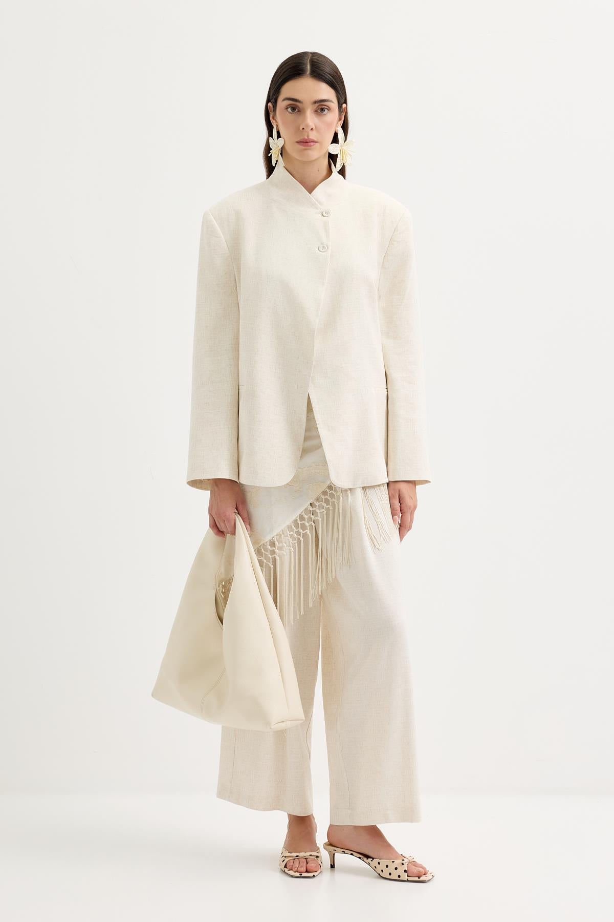 Kruvaze Keten Blazer Ceket Naturel