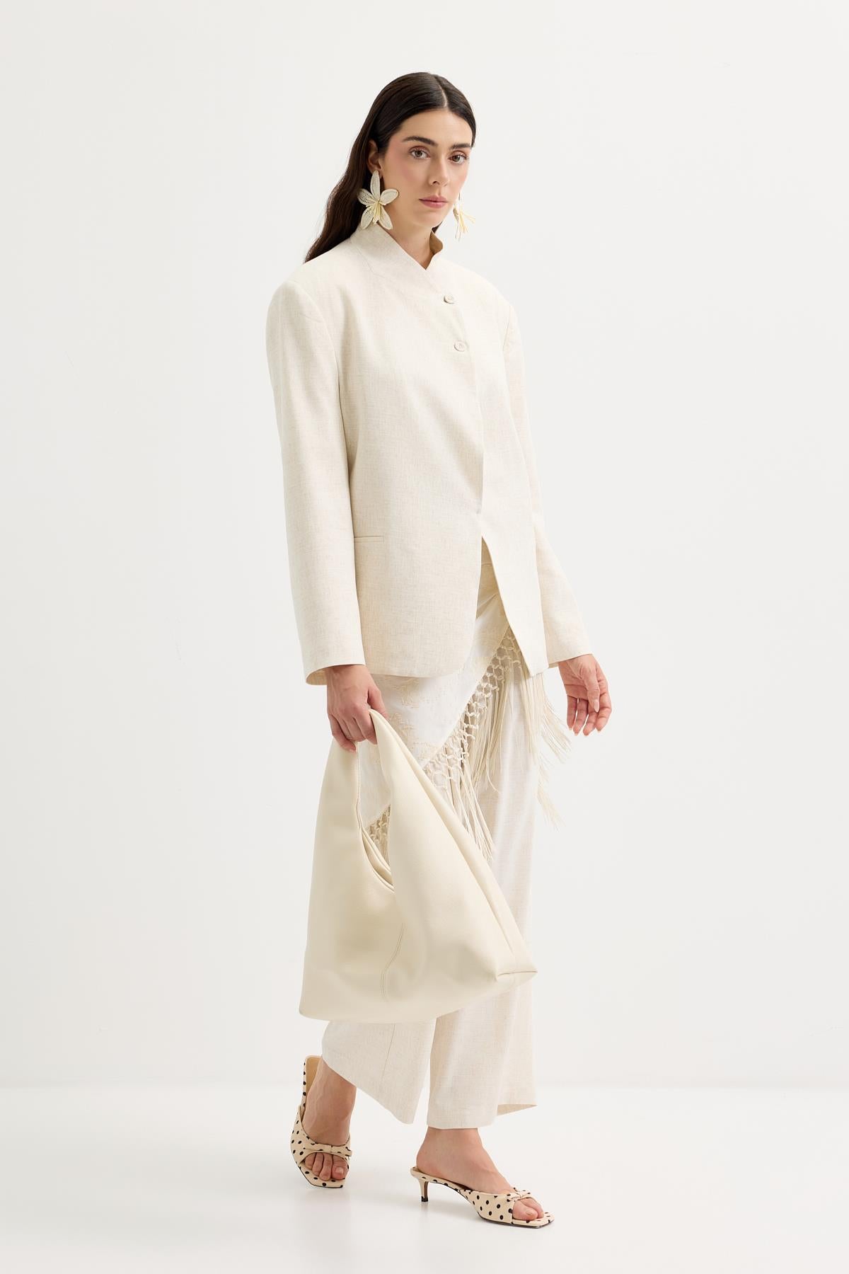 Kruvaze Keten Blazer Ceket Naturel