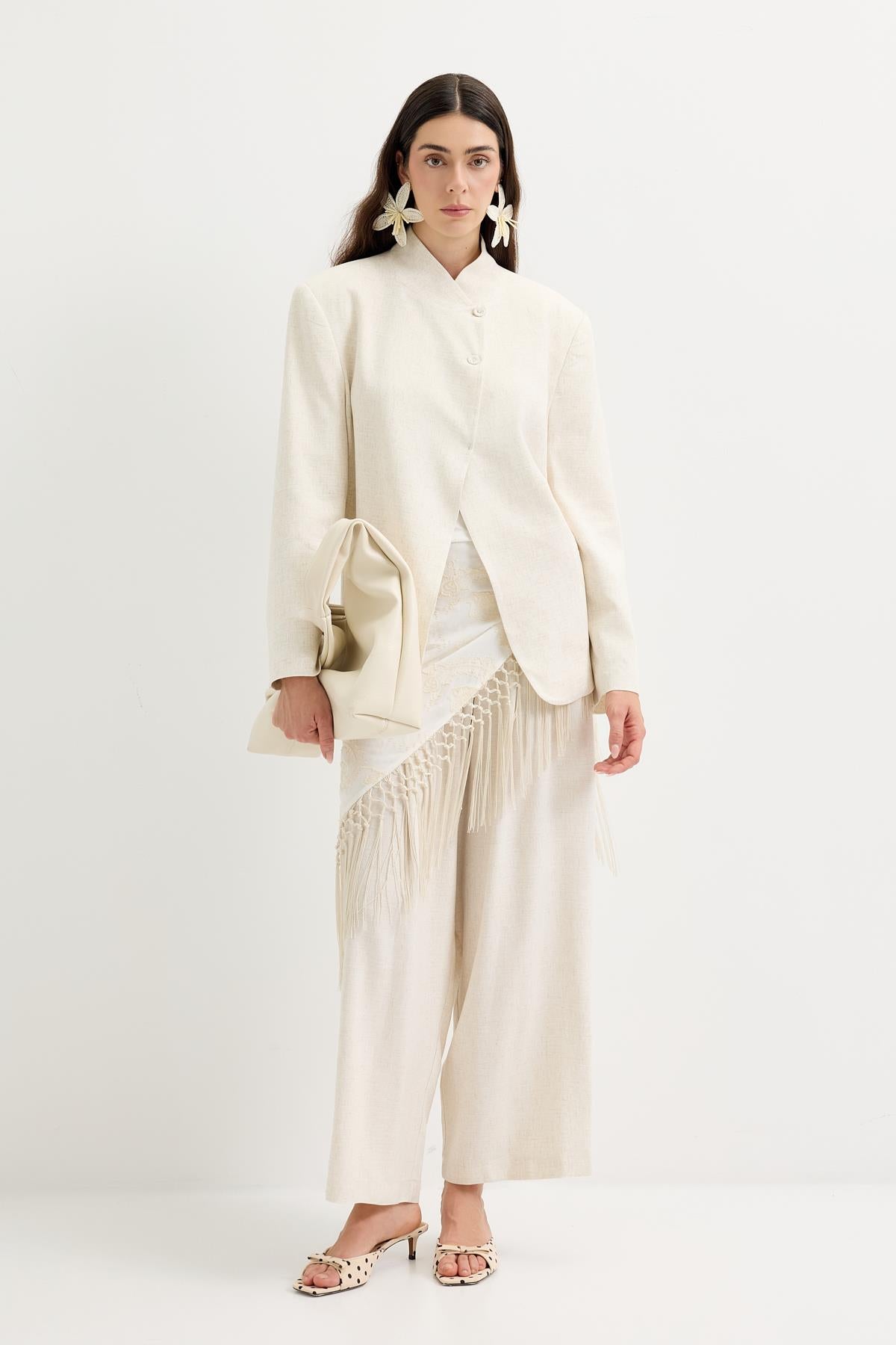 Kruvaze Keten Blazer Ceket Naturel