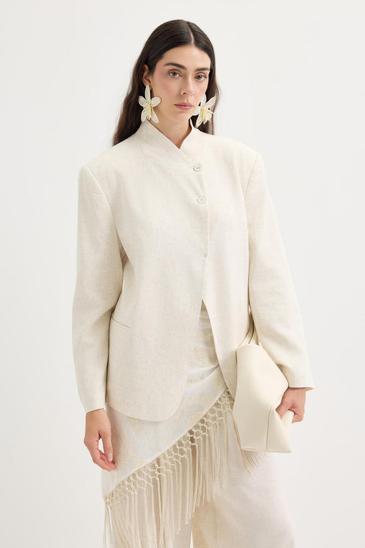 Kruvaze Keten Blazer Ceket Naturel