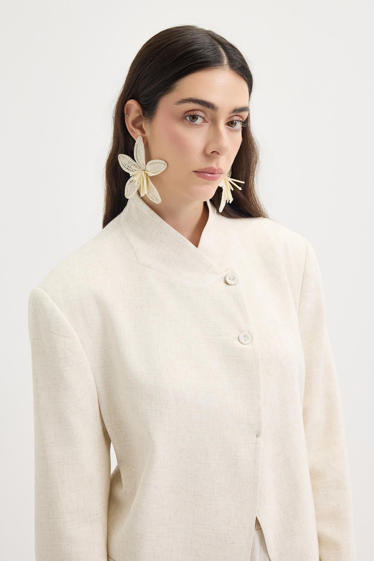 Kruvaze Keten Blazer Ceket Naturel