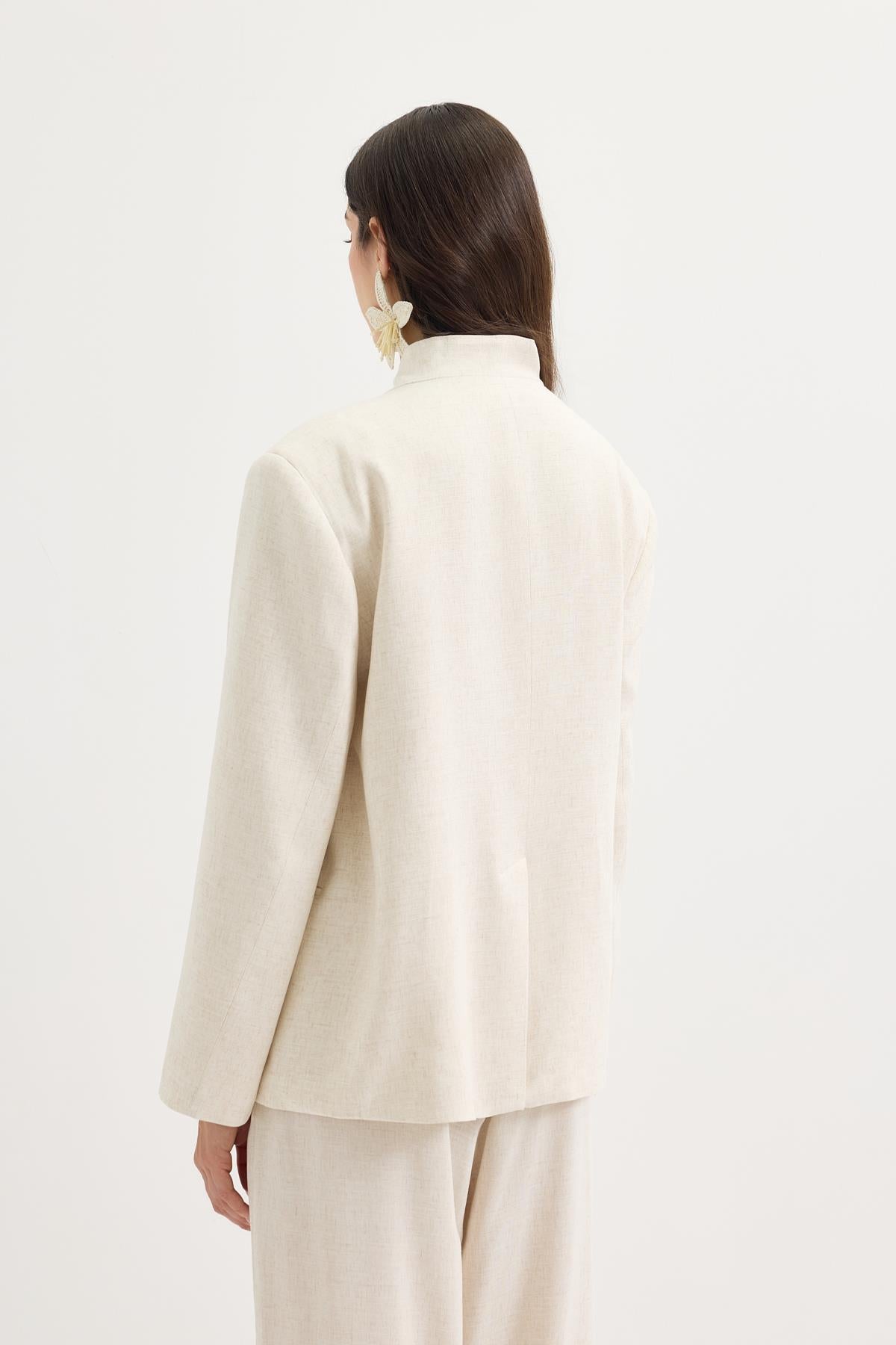 Kruvaze Keten Blazer Ceket Naturel