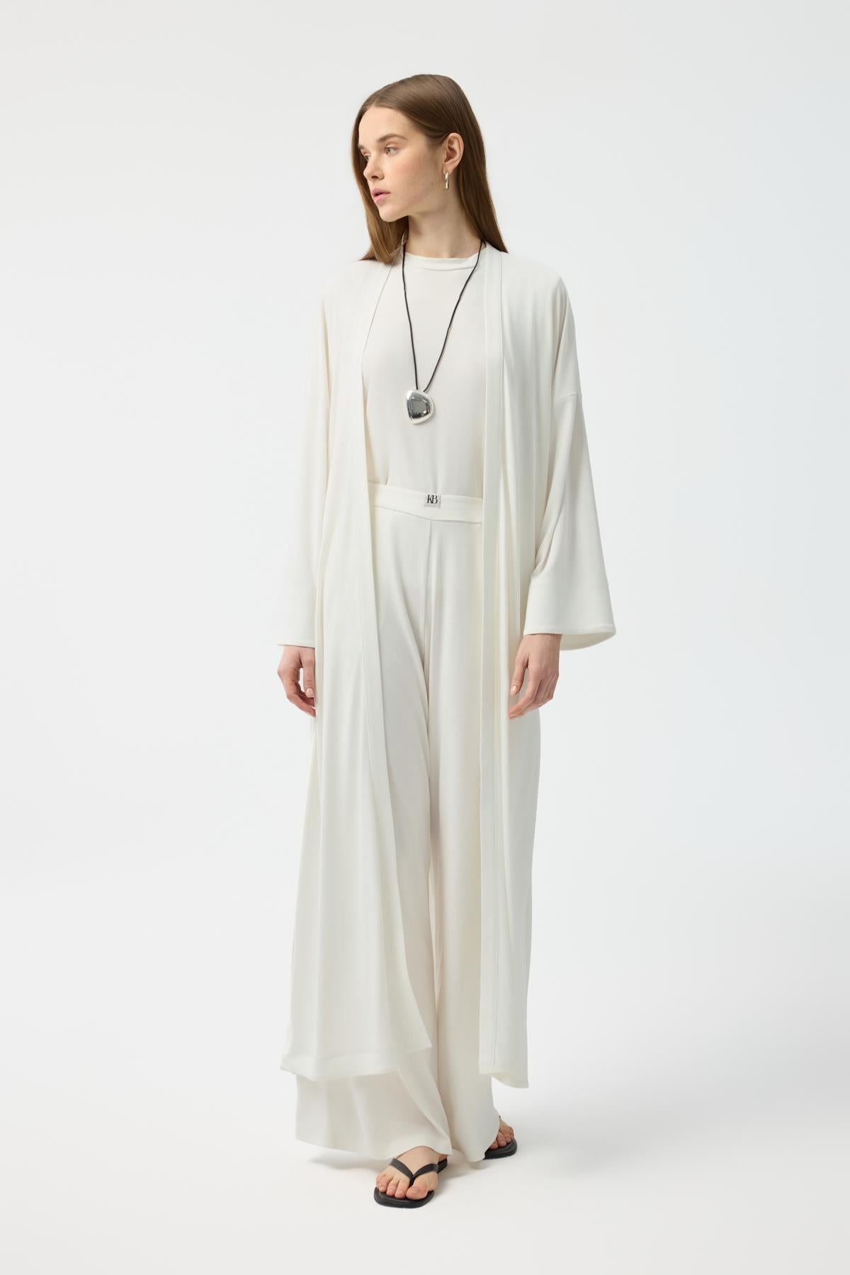 Modal Cupra Pantolon Bluz Abaya Takım Ekru