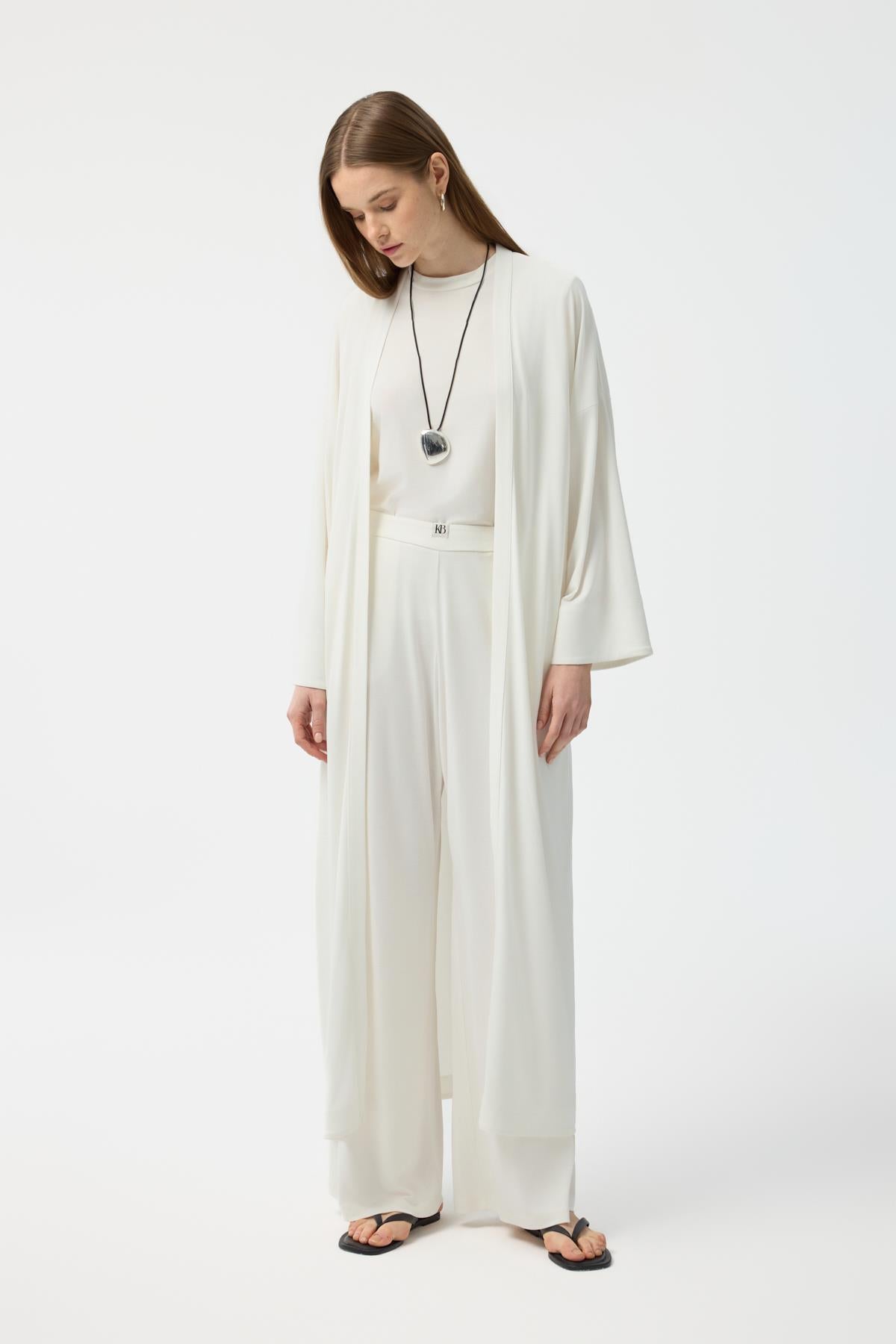 Modal Cupra Pantolon Bluz Abaya Takım Ekru