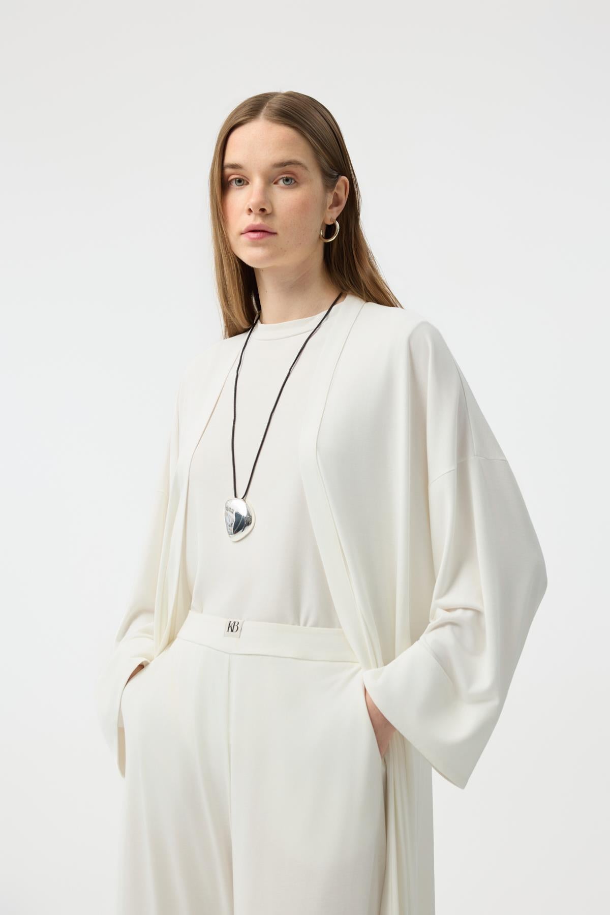 Modal Cupra Pantolon Bluz Abaya Takım Ekru