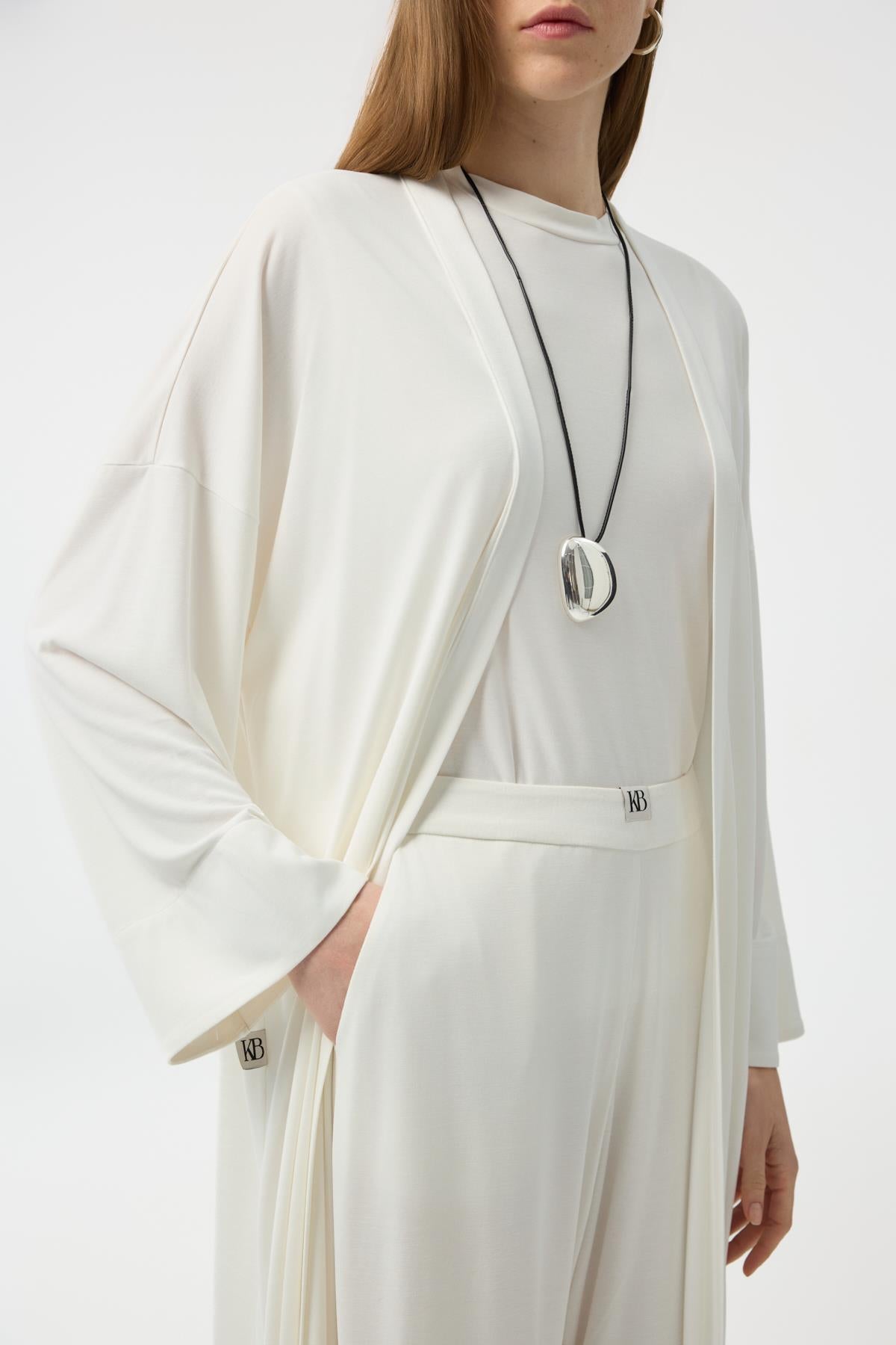 Modal Cupra Pantolon Bluz Abaya Takım Ekru