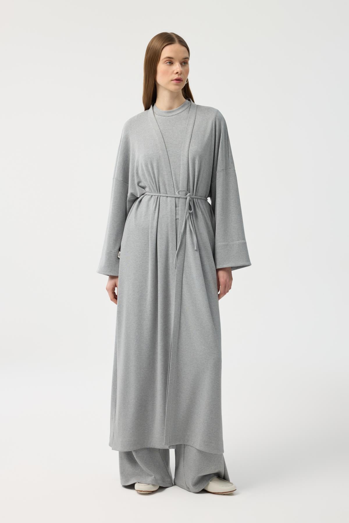 Modal Cupra Pantolon Bluz Abaya Takım Gri Melanj