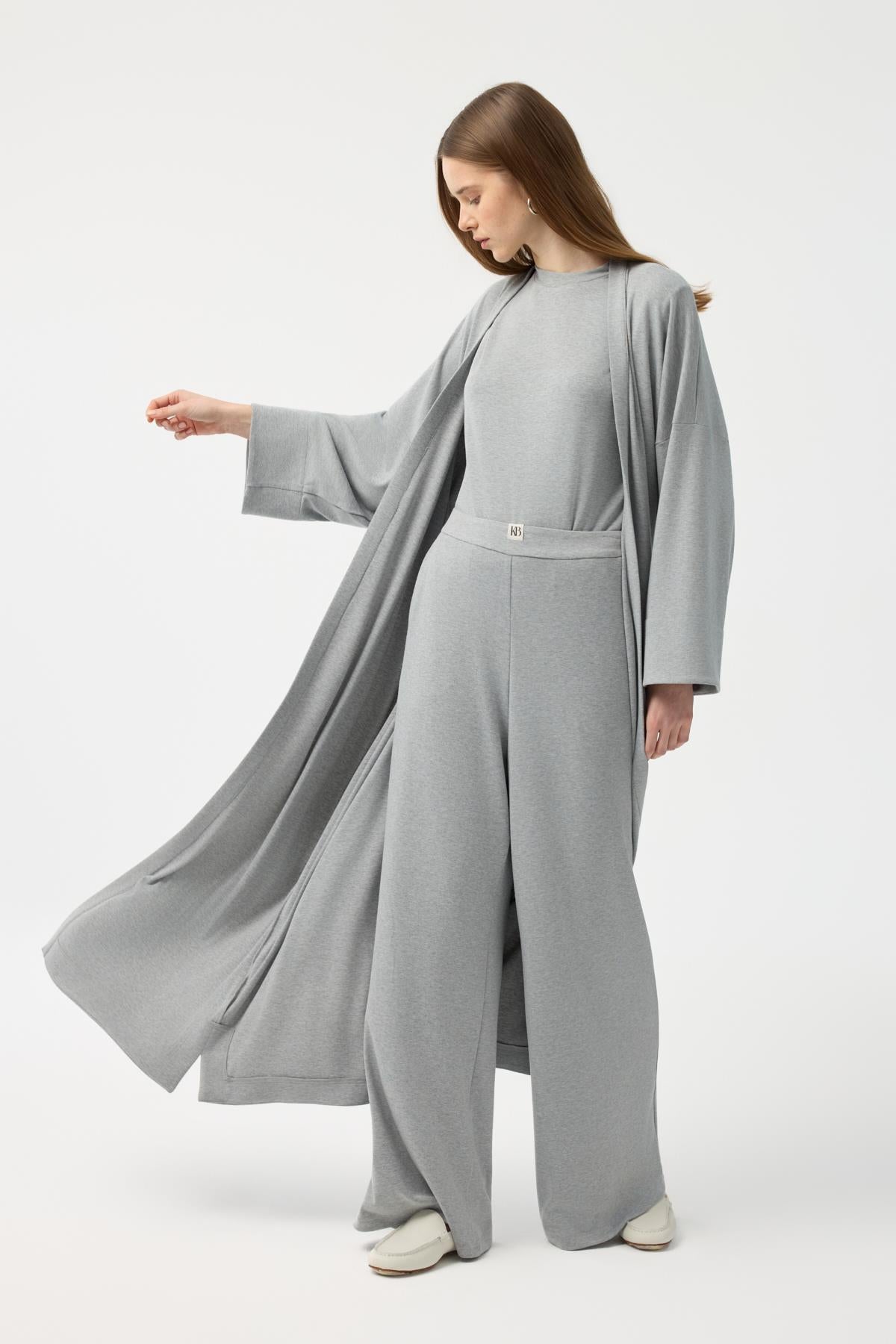 Modal Cupra Pantolon Bluz Abaya Takım Gri Melanj