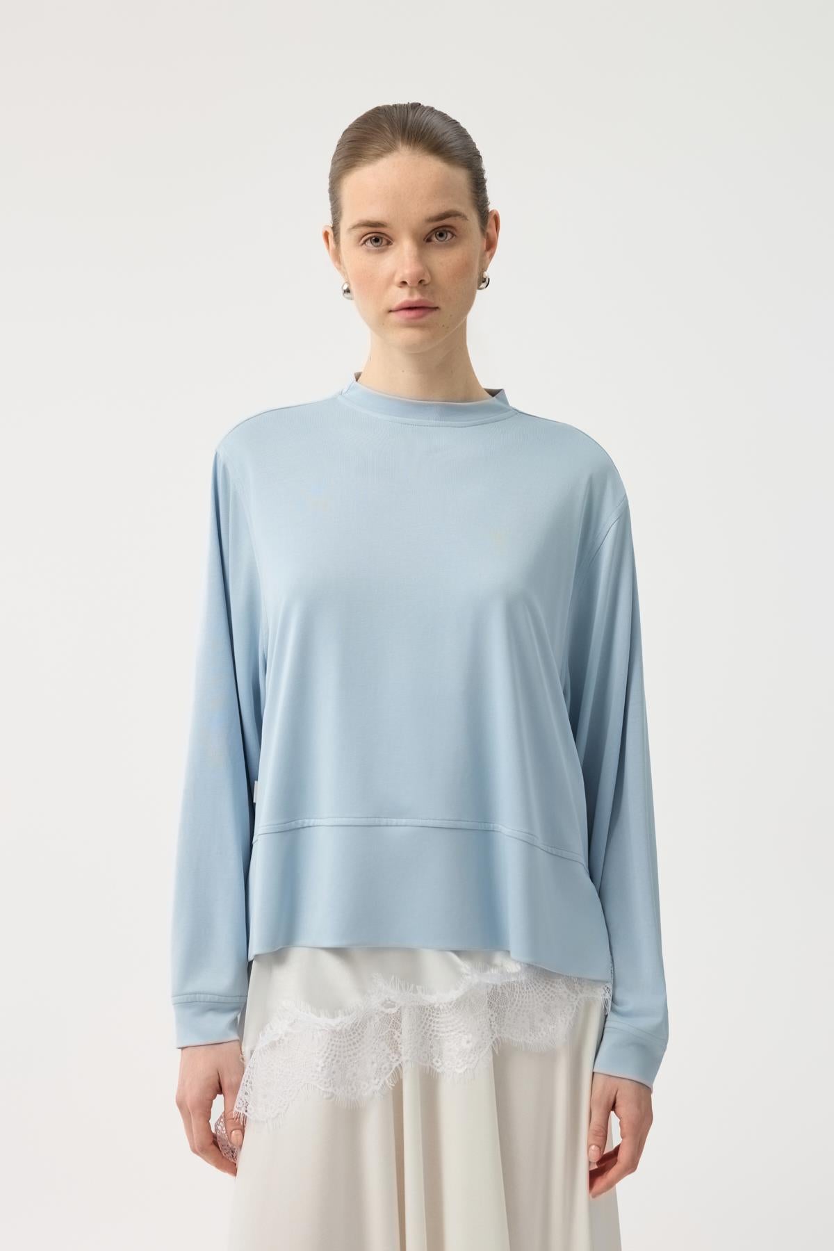 Modal Cupra Yırtmaçlı Kısa Sweatshirt Açık  Mavi