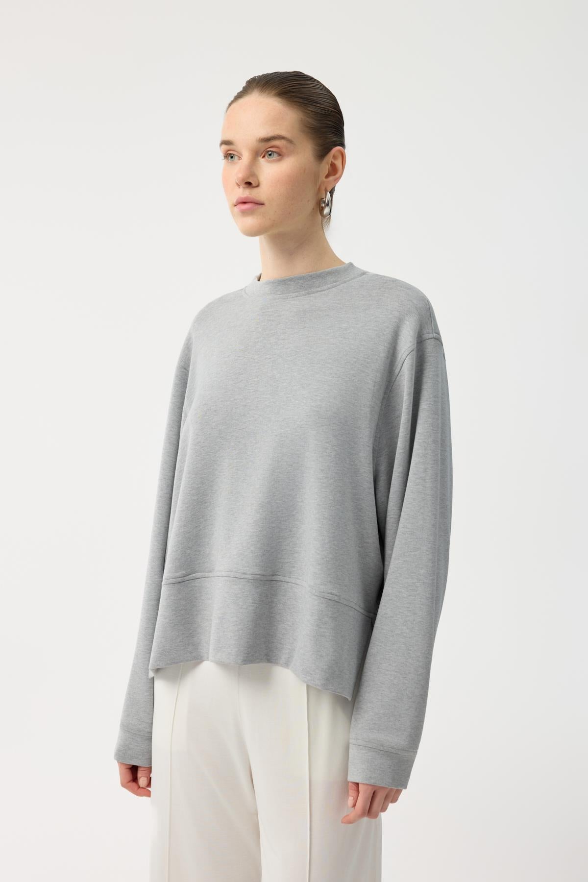 Modal Cupra Yırtmaçlı Kısa Sweatshirt Gri Melanj