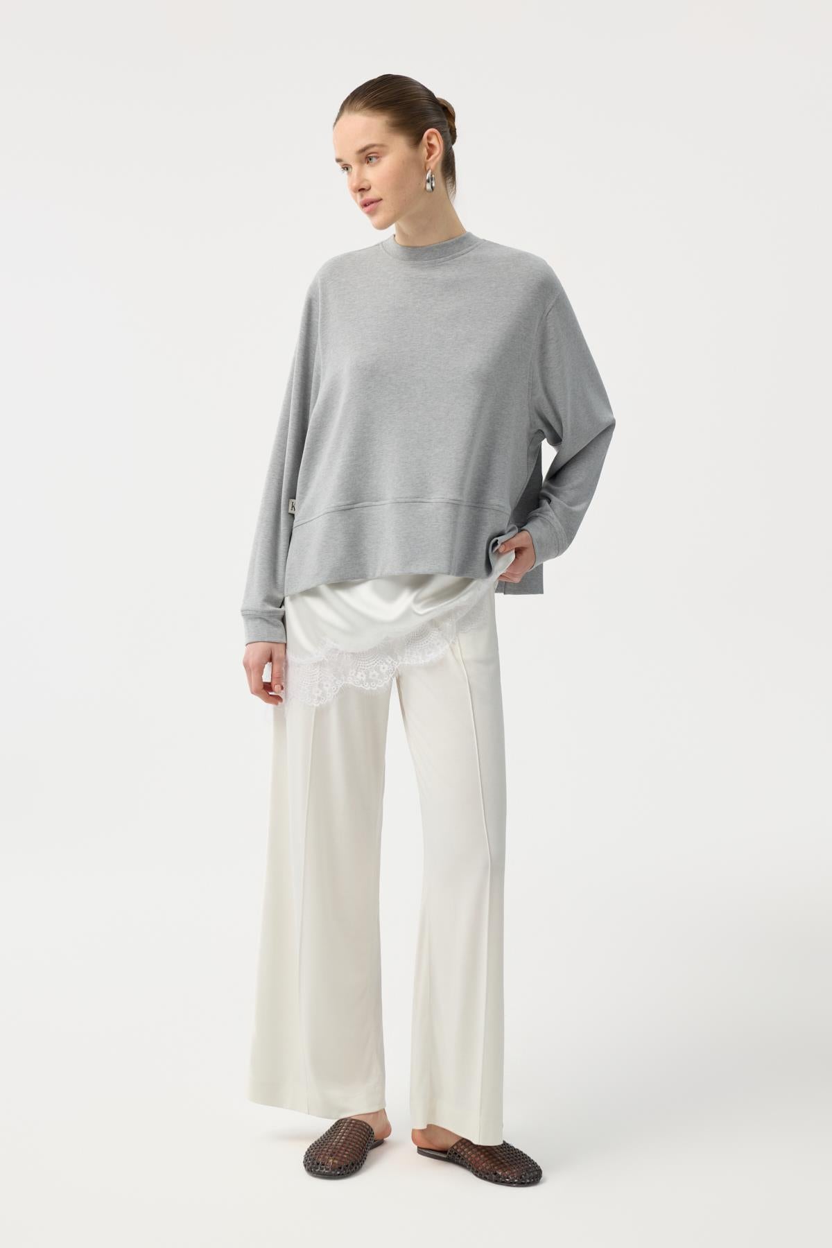 Modal Cupra Yırtmaçlı Kısa Sweatshirt Gri Melanj