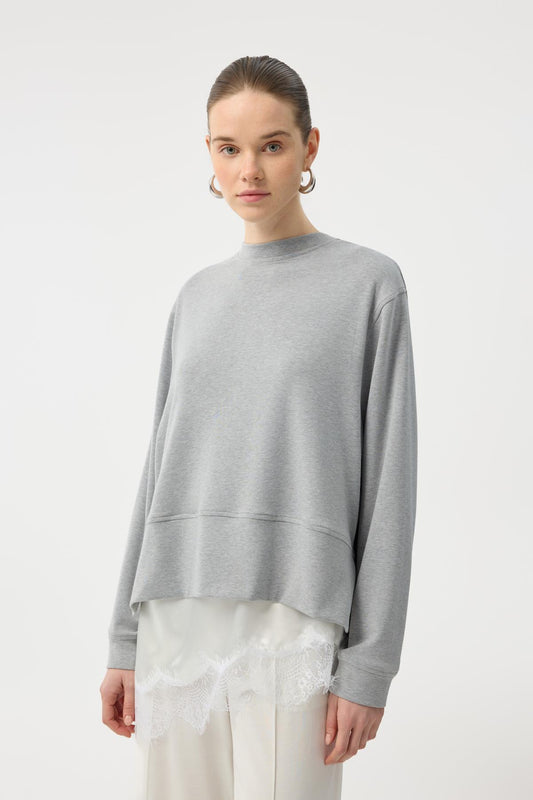 Modal Cupra Yırtmaçlı Kısa Sweatshirt Gri Melanj