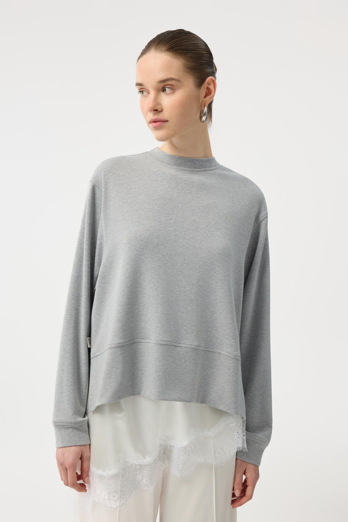 Modal Cupra Yırtmaçlı Kısa Sweatshirt Gri Melanj