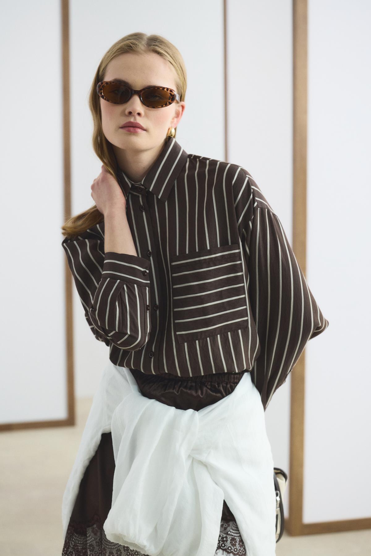 Oversize Çizgili Gömlek Acı Kahve
