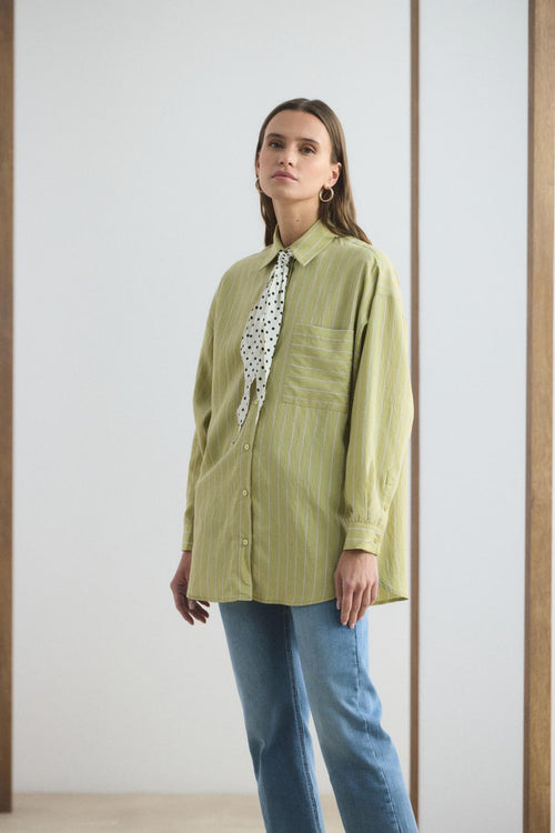 Oversize Çizgili Gömlek Olive