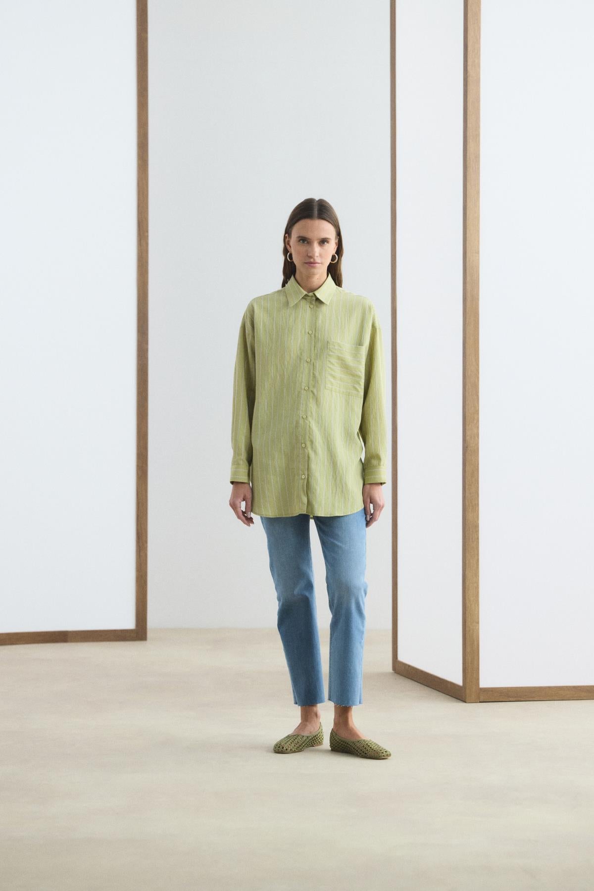 Oversize Çizgili Gömlek Olive