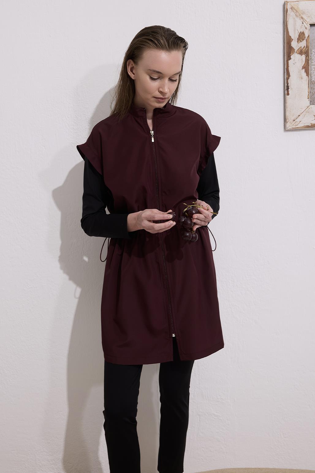 Paraşüt Beli Büzgülü Fermuarlı Tesettür Mayo Takım Bordo