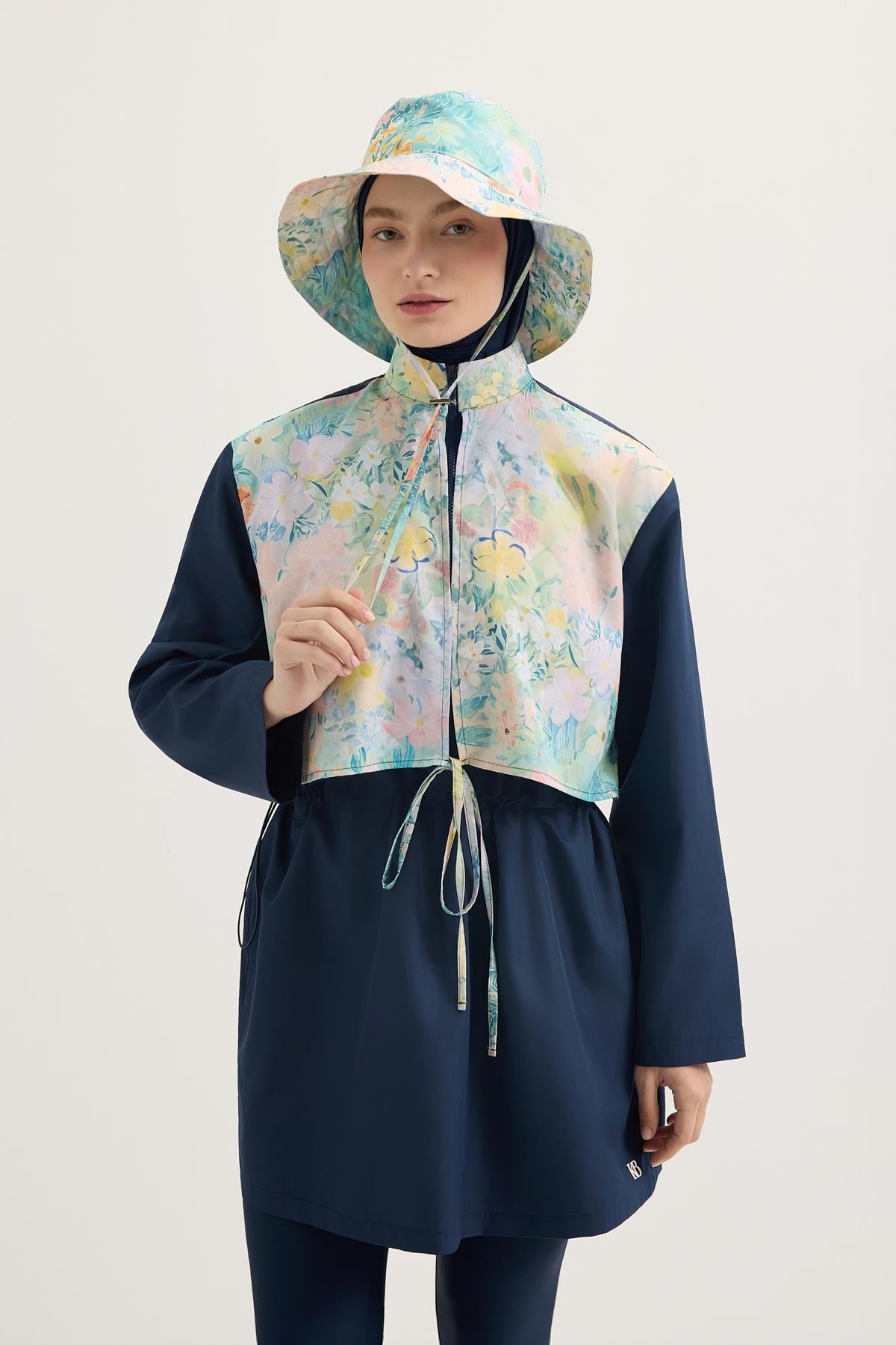 Paraşüt Floral Desenli Bağlmalı Tesettür Mayo Takım Mint