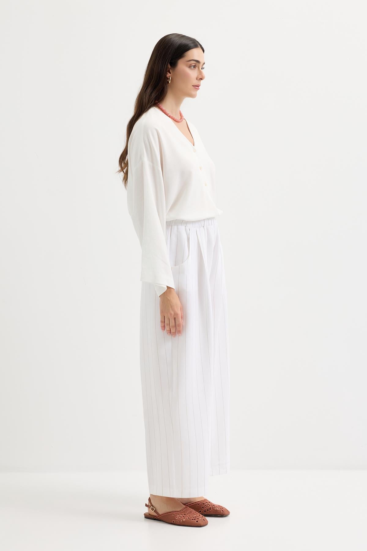 Pileli Cepli Keten Pantolon Camel
