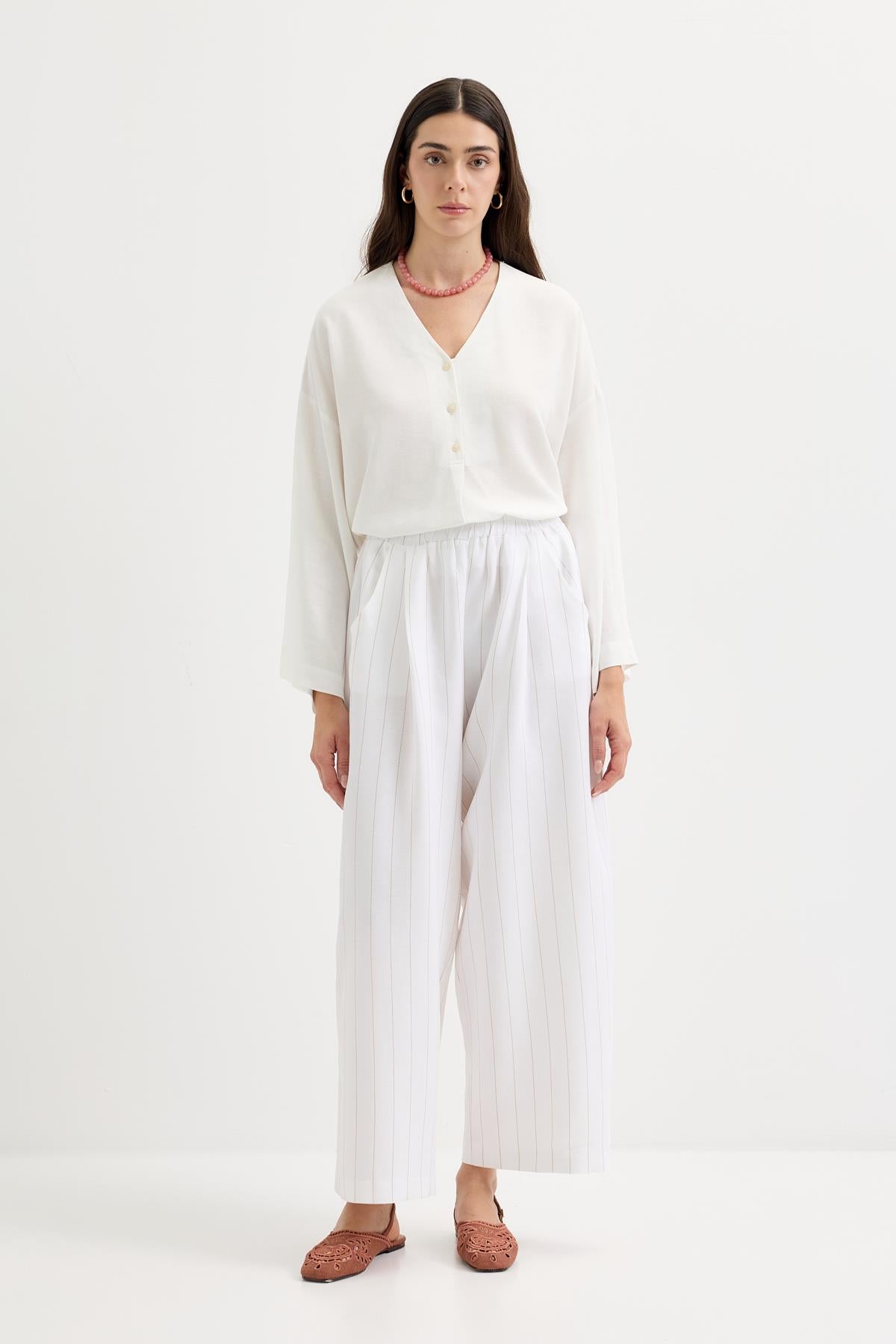 Pileli Cepli Keten Pantolon Camel