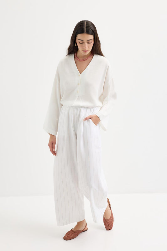 Pileli Cepli Keten Pantolon Camel