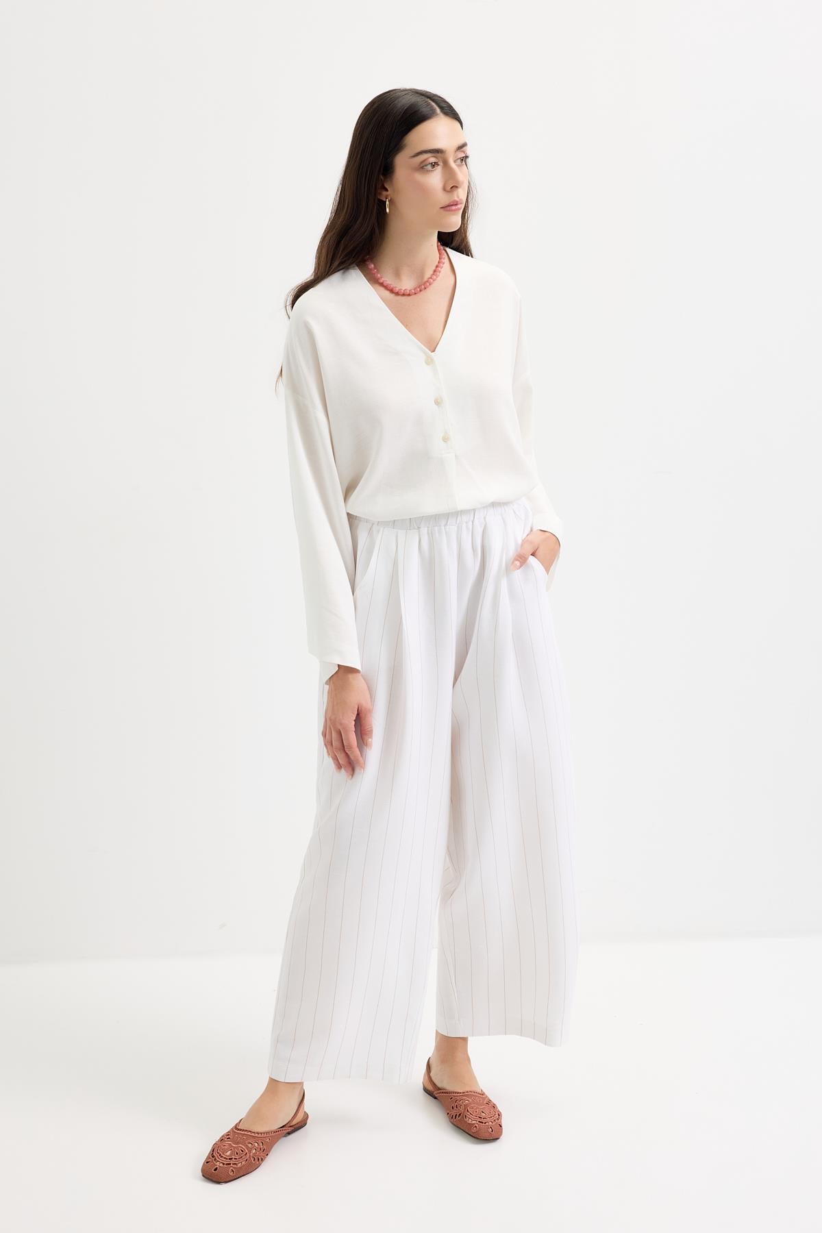 Pileli Cepli Keten Pantolon Camel