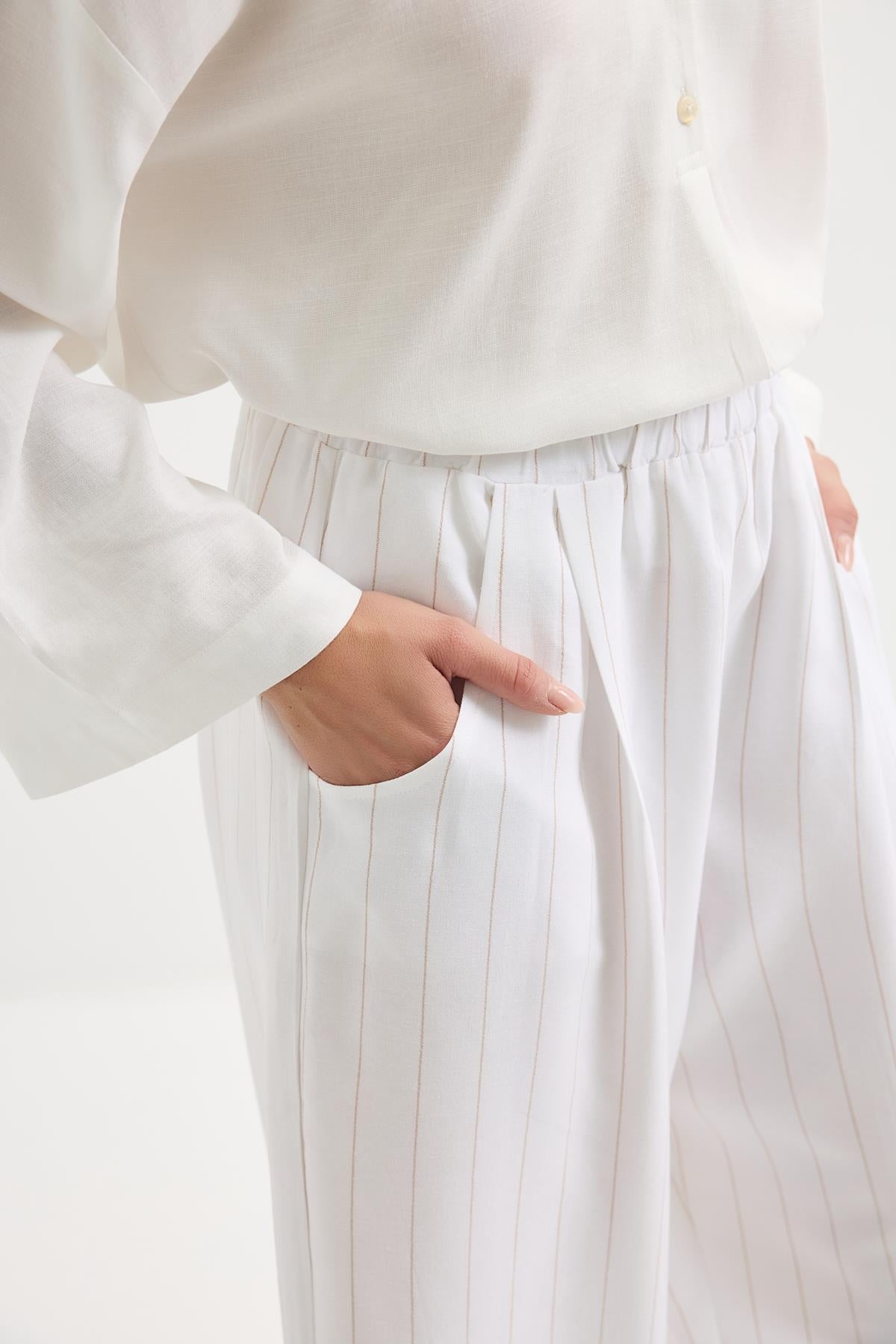 Pileli Cepli Keten Pantolon Camel