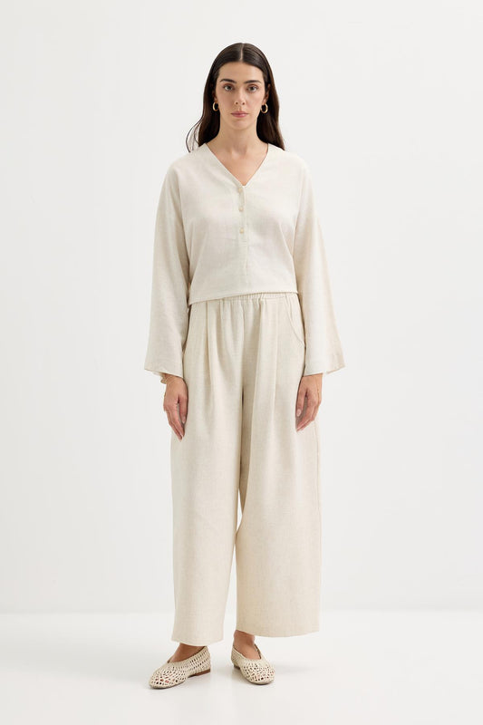 Pileli Cepli Keten Pantolon Naturel