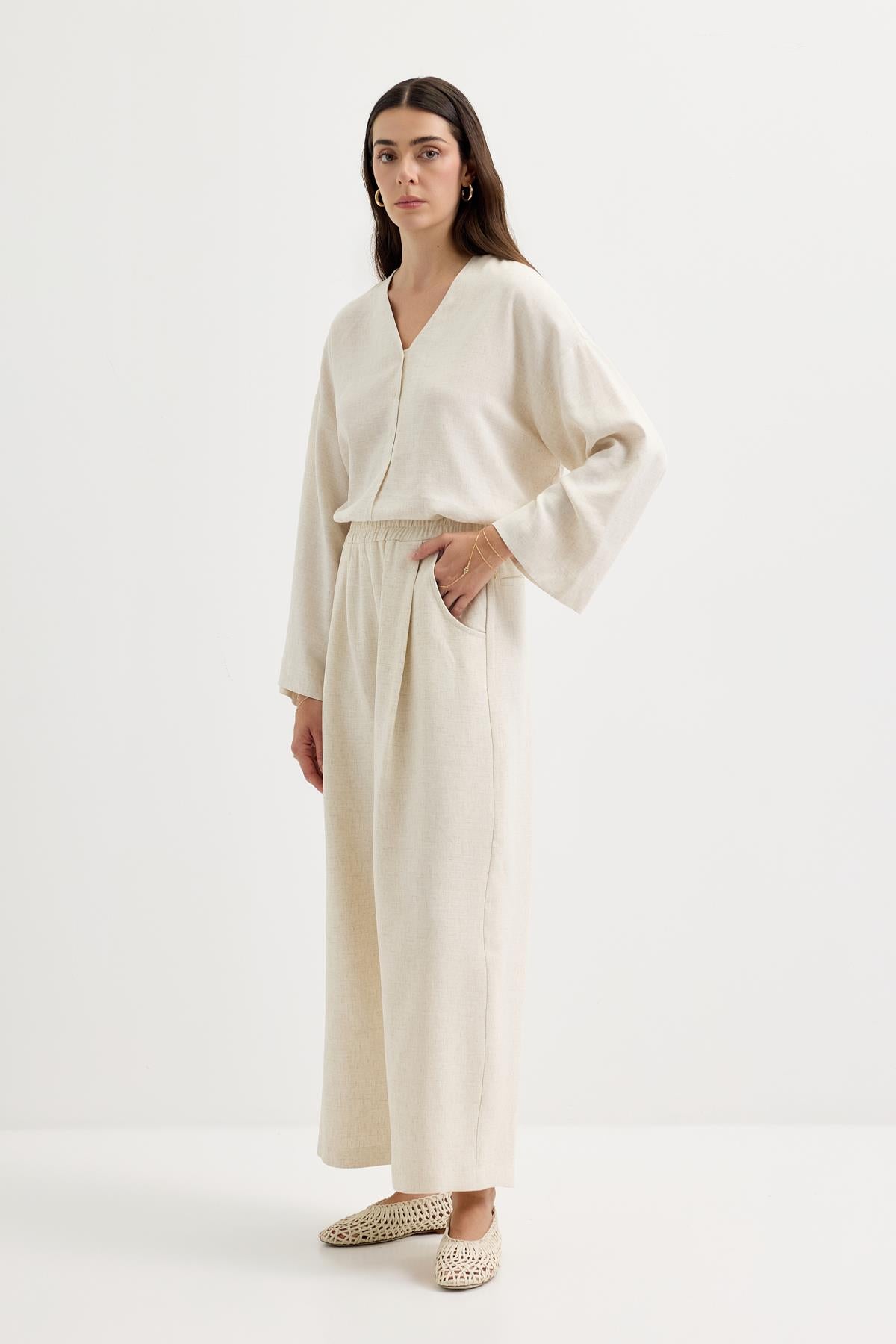 Pileli Cepli Keten Pantolon Naturel