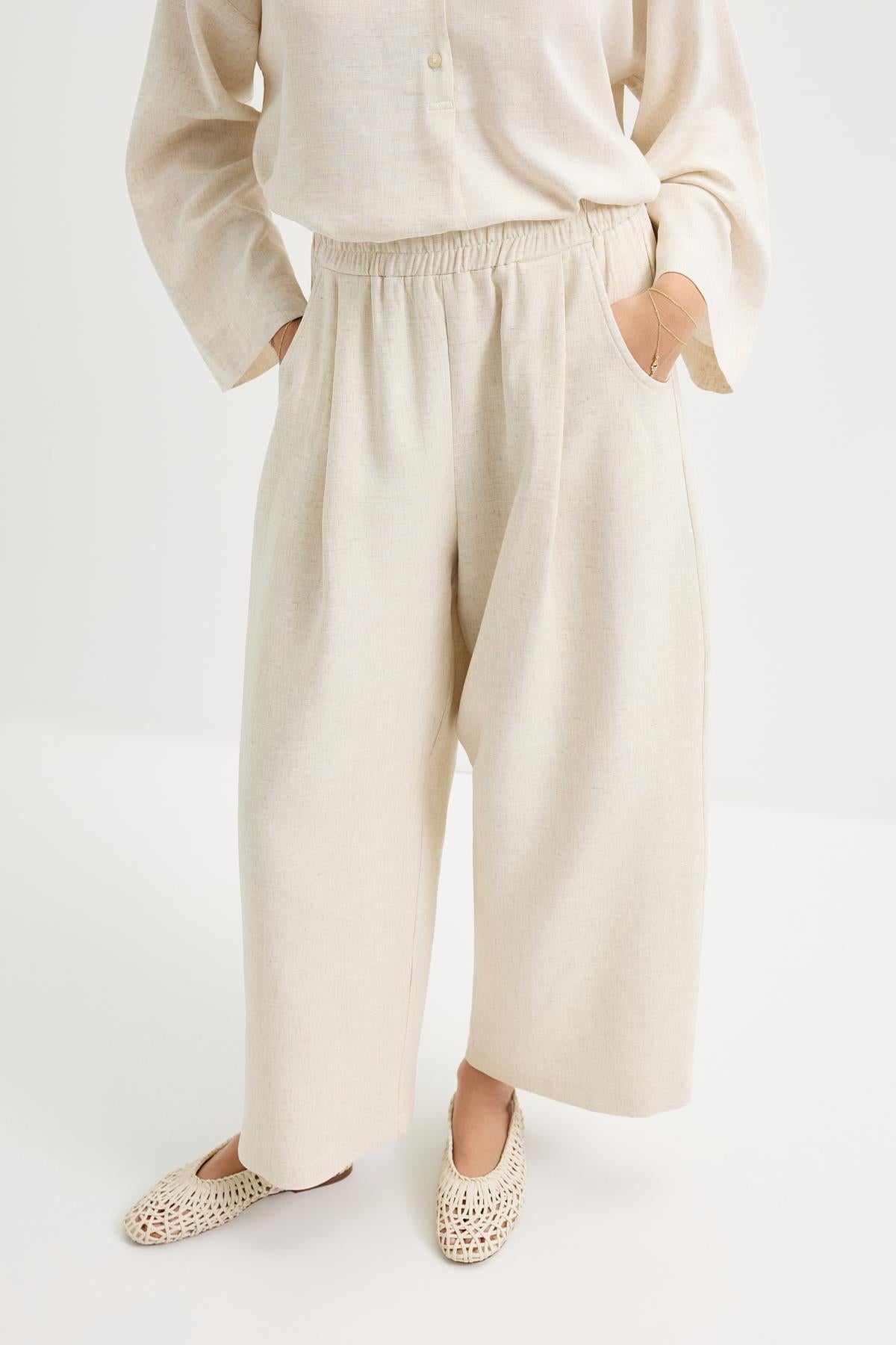 Pileli Cepli Keten Pantolon Naturel