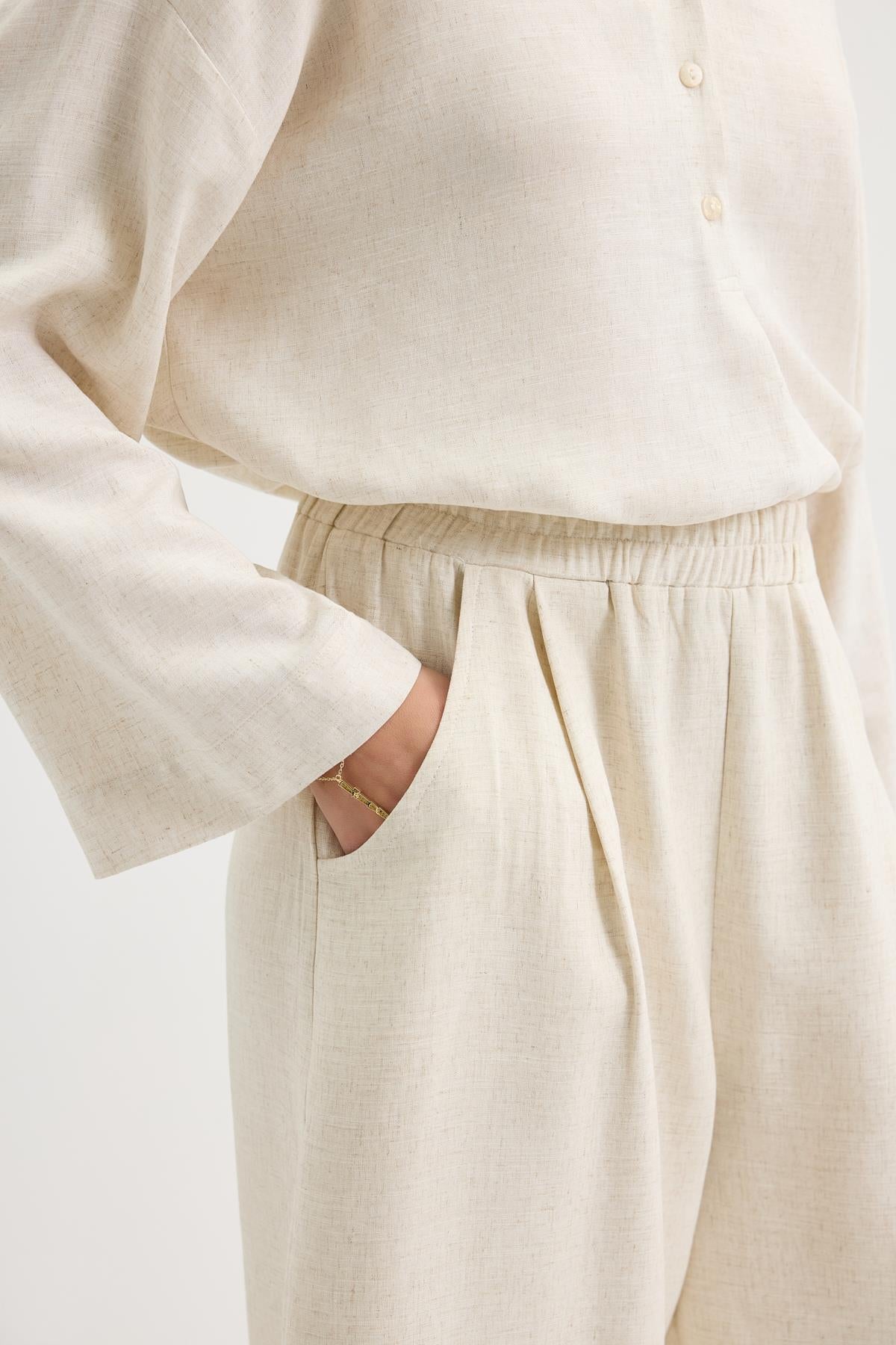 Pileli Cepli Keten Pantolon Naturel