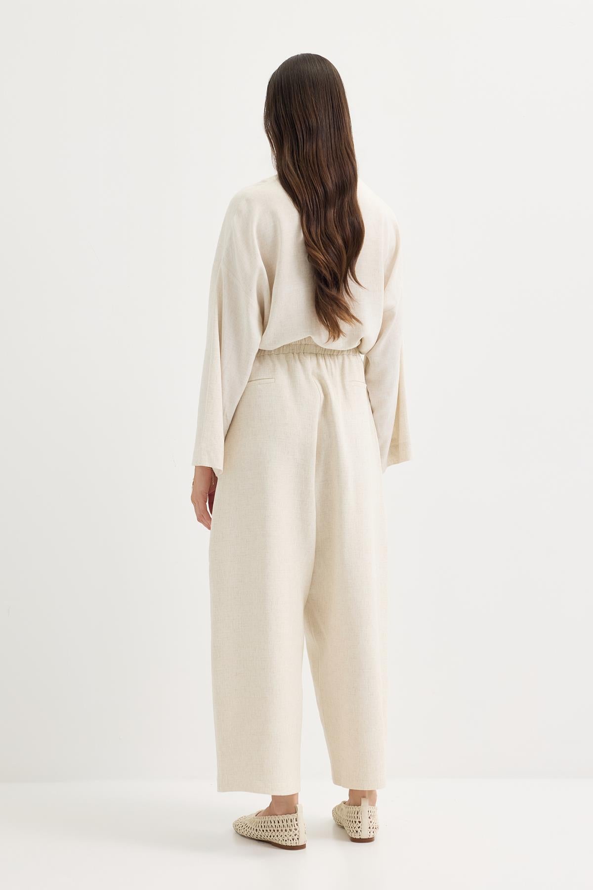 Pileli Cepli Keten Pantolon Naturel