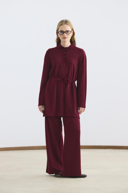 Polo Yaka İnce Triko Tunik Pantolon Takım Bordo