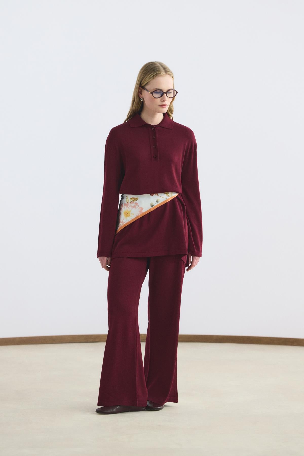 Polo Yaka İnce Triko Tunik Pantolon Takım Bordo
