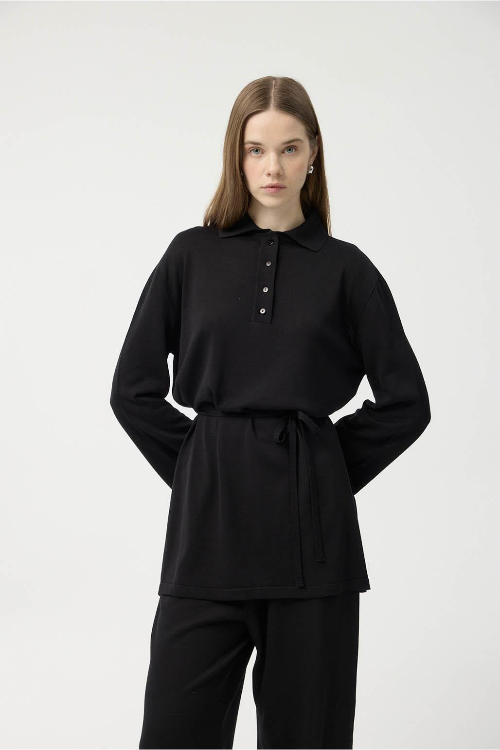 Polo Yaka İnce Triko Tunik Pantolon Takım Siyah