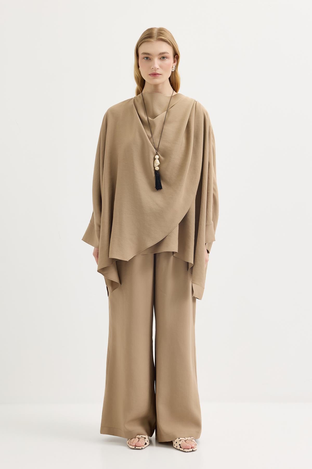 Şal Yaka Modal Tunik Pantolon Takım Camel