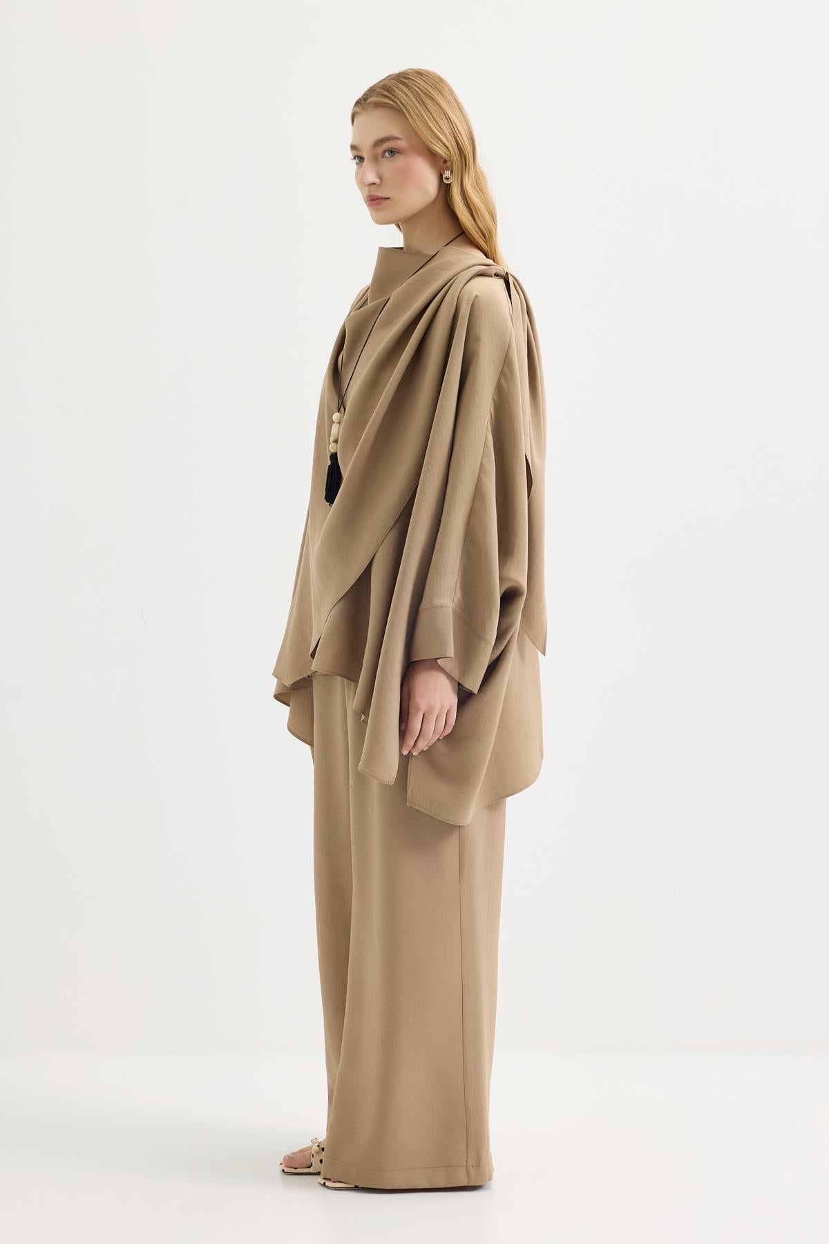 Şal Yaka Modal Tunik Pantolon Takım Camel