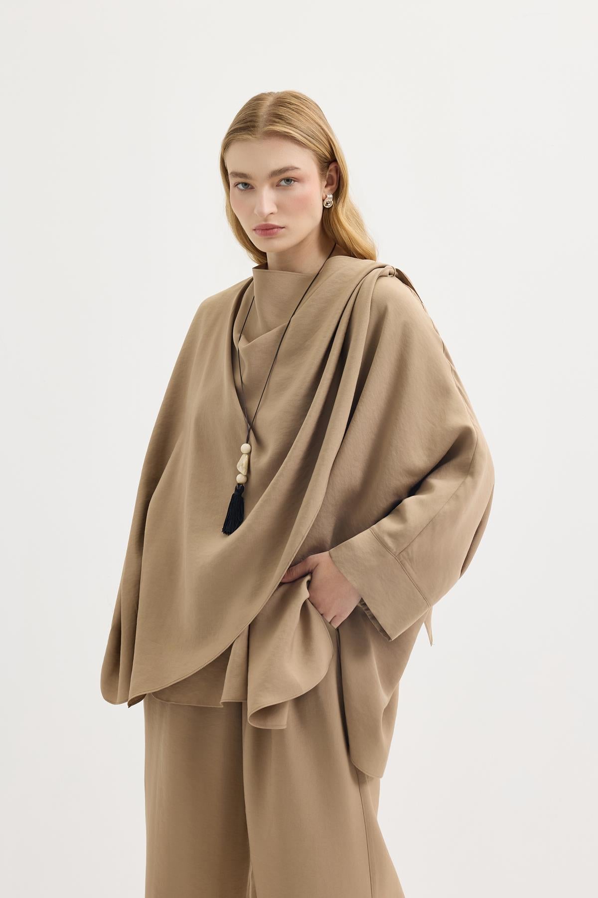 Şal Yaka Modal Tunik Pantolon Takım Camel
