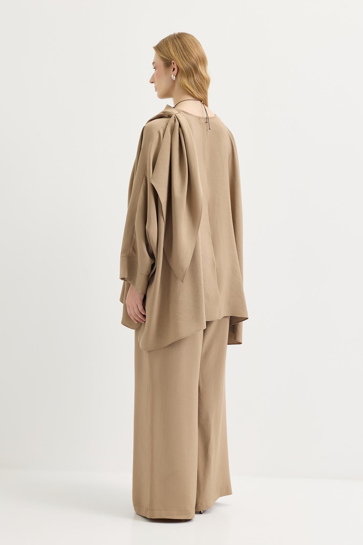 Şal Yaka Modal Tunik Pantolon Takım Camel