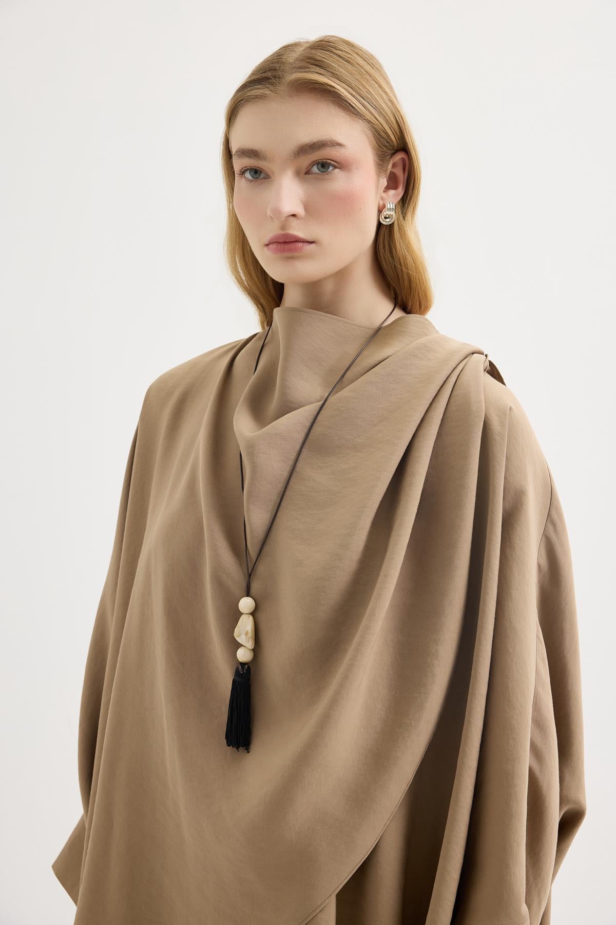 Şal Yaka Modal Tunik Pantolon Takım Camel