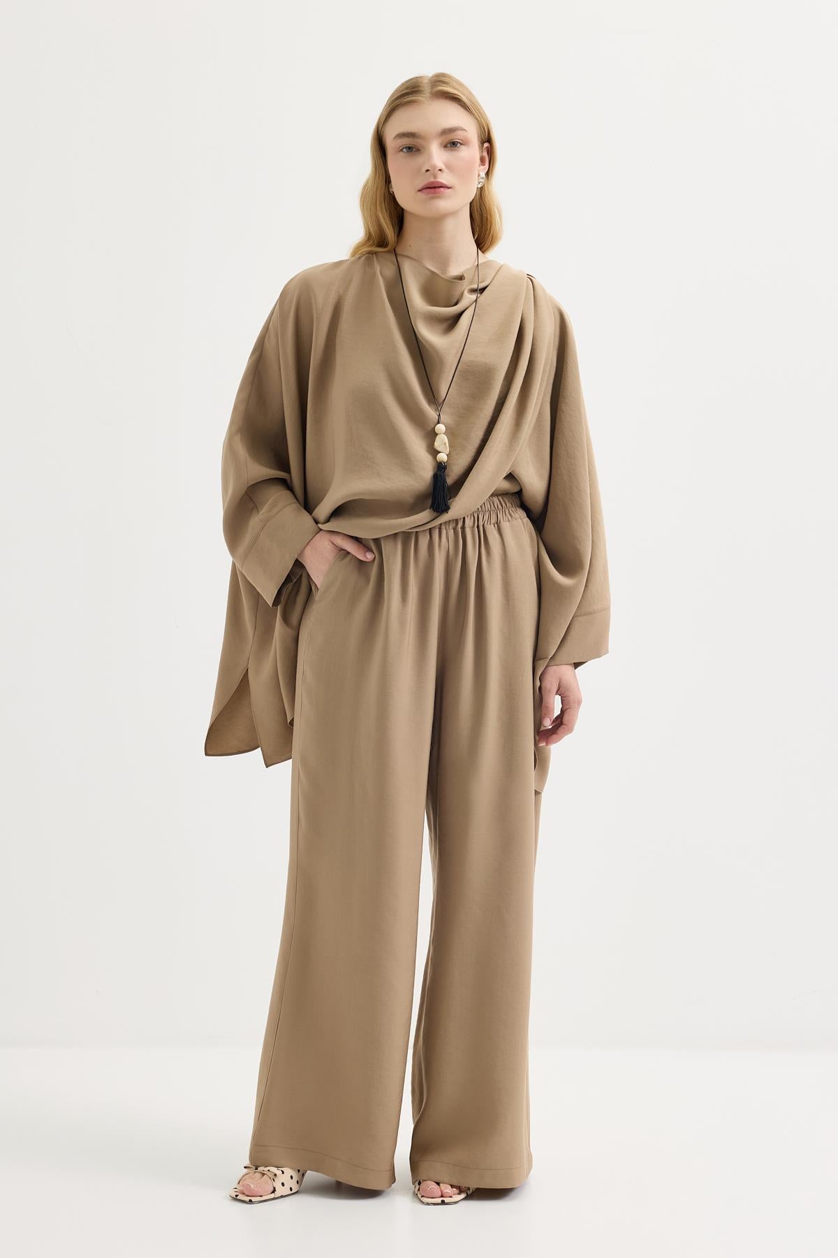 Şal Yaka Modal Tunik Pantolon Takım Camel